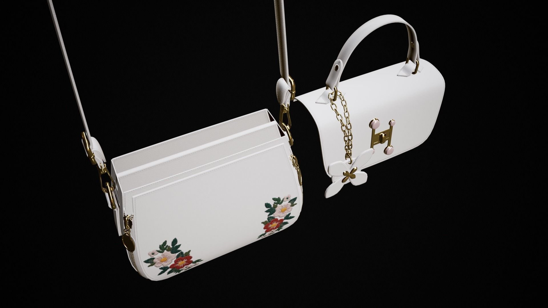 Flower white handbag with flower embroidery  Low-poly 3D model_12