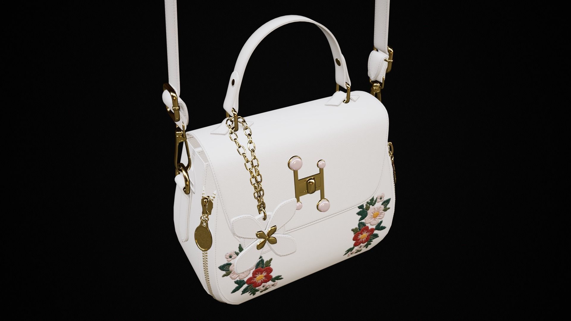 Flower white handbag with flower embroidery  Low-poly 3D model_9