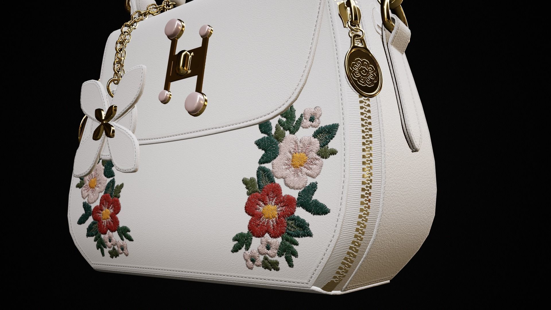 Flower white handbag with flower embroidery  Low-poly 3D model_10