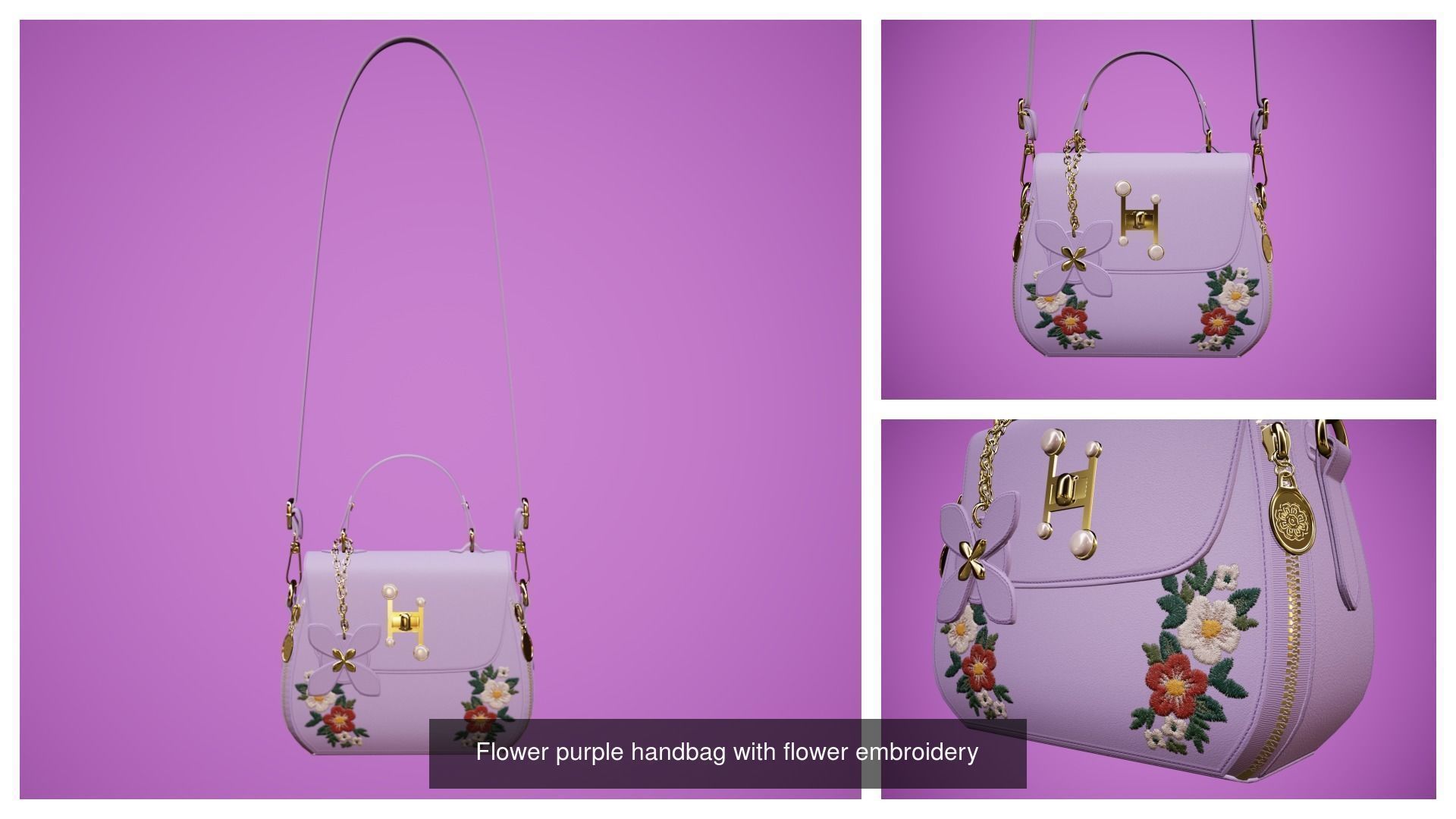 Flower embroidery handbag with 7 colors 3D Model Collection_12