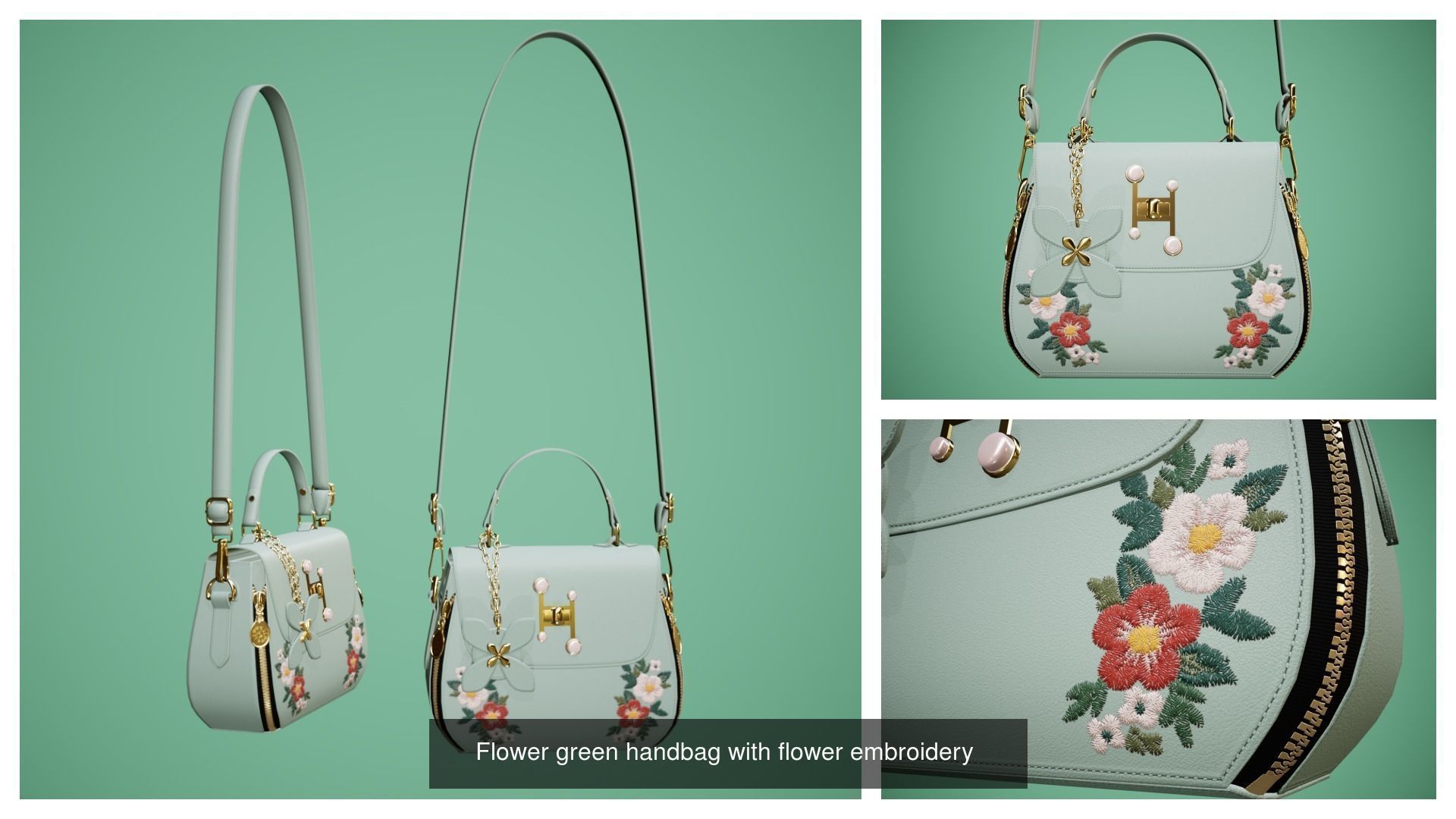 Flower embroidery handbag with 7 colors 3D Model Collection_8