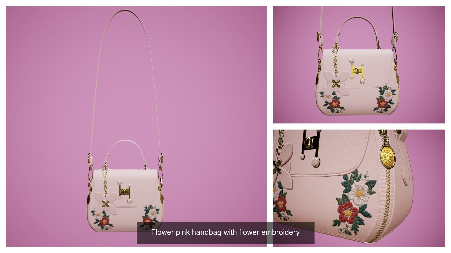 Flower embroidery handbag with 7 colors 3D Model Collection_11