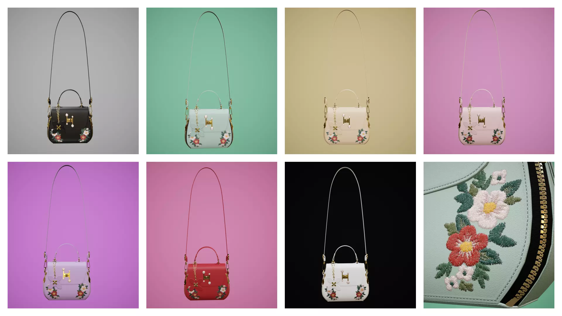 Flower embroidery handbag with 7 colors 3D Model Collection_0