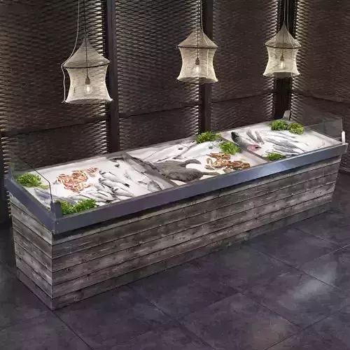 Showcase with fish and seafood