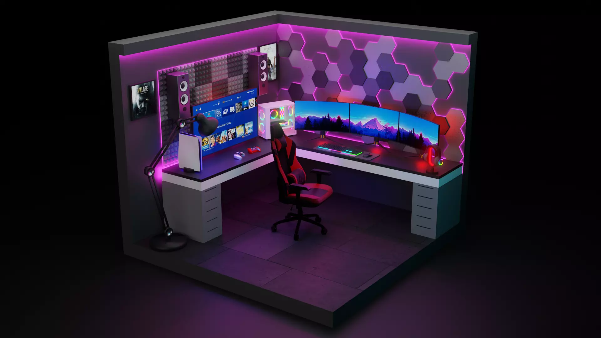 Gaming Room Lowpoly Isometric 3D model Low-poly 3D model_0