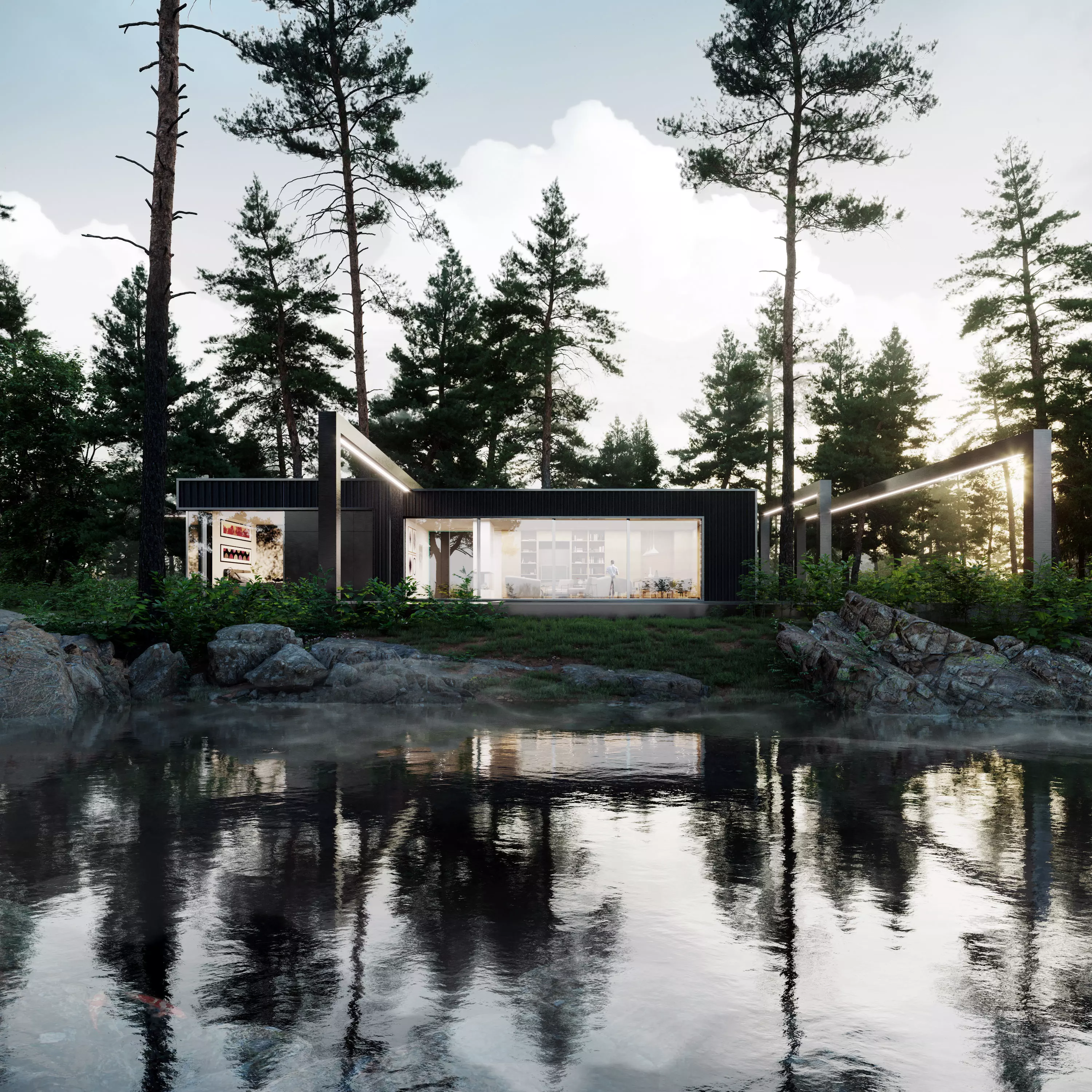 Forest house in fog 3d exterior scene  3D model_0