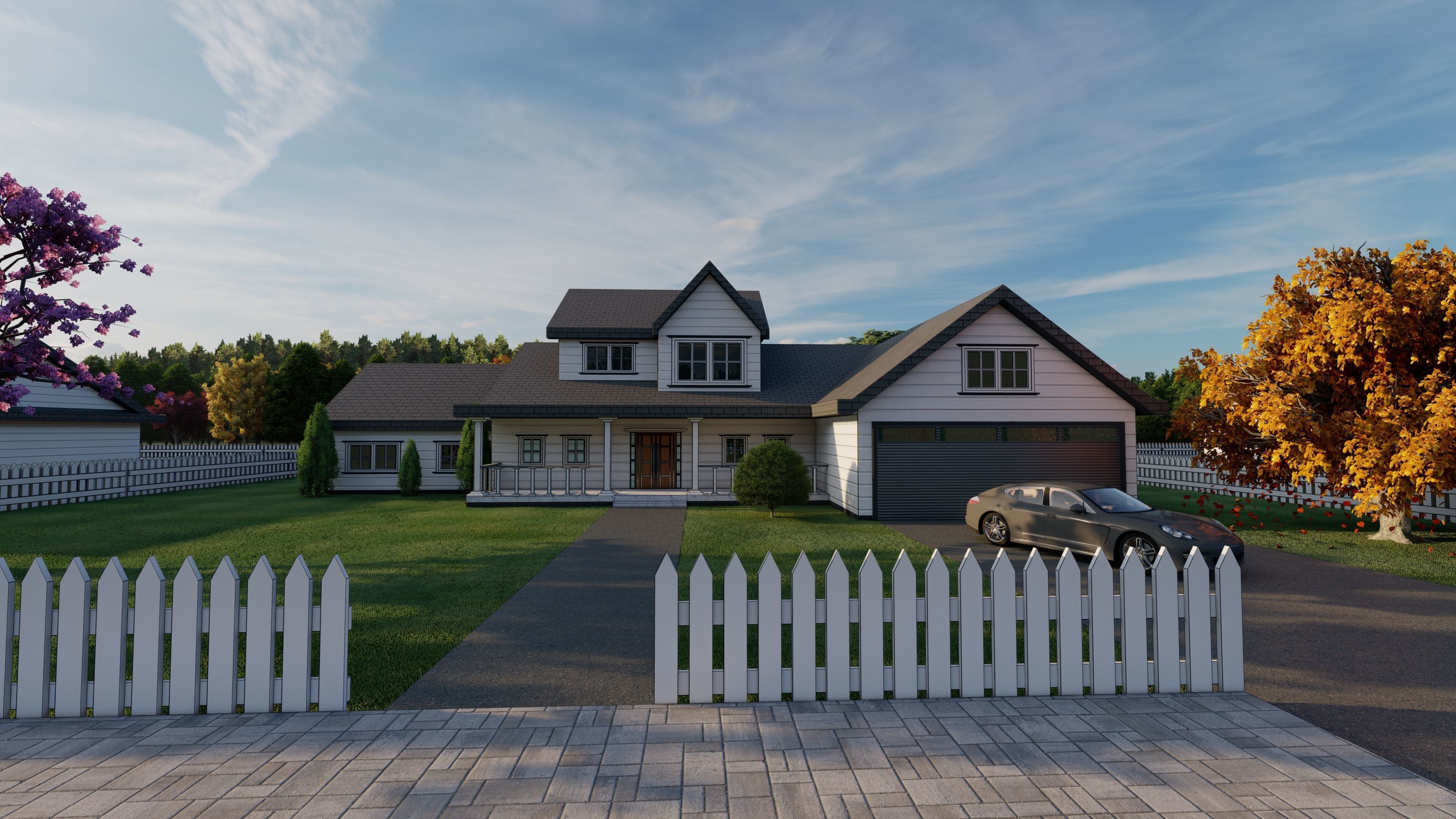 3D Villa 8 Model home with picket fence 3D model_5