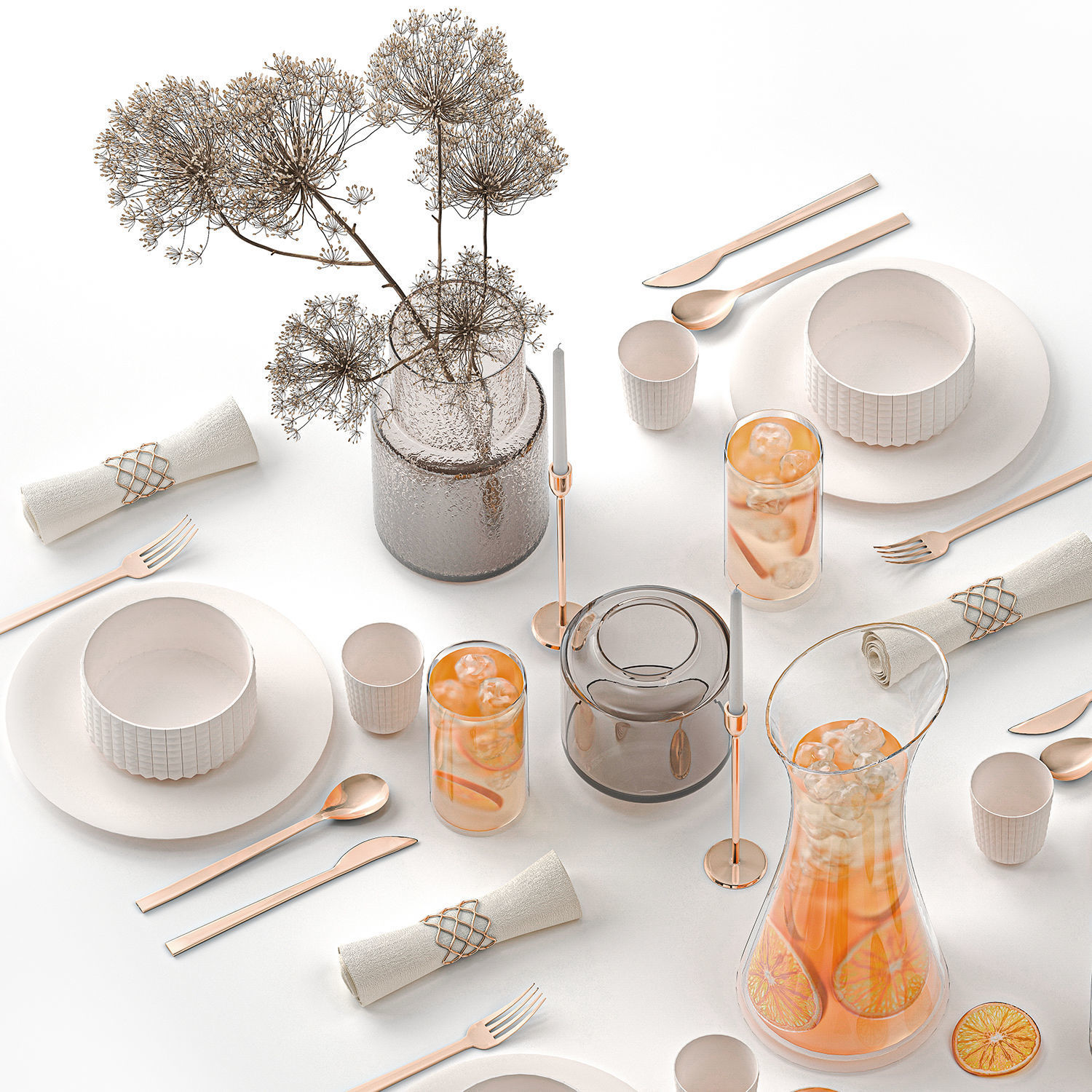 Stylish Table Setting For 4 Persons With Lemonade 3D model_1