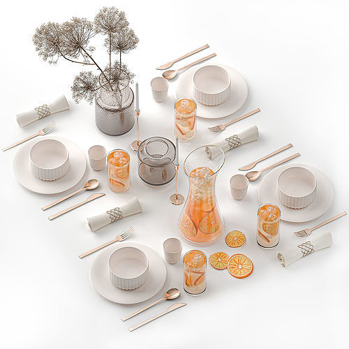 Stylish Table Setting For 4 Persons With Lemonade 3D model