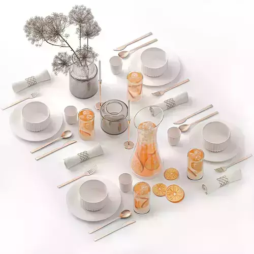 Stylish Table Setting For 4 Persons With Lemonade 3D model