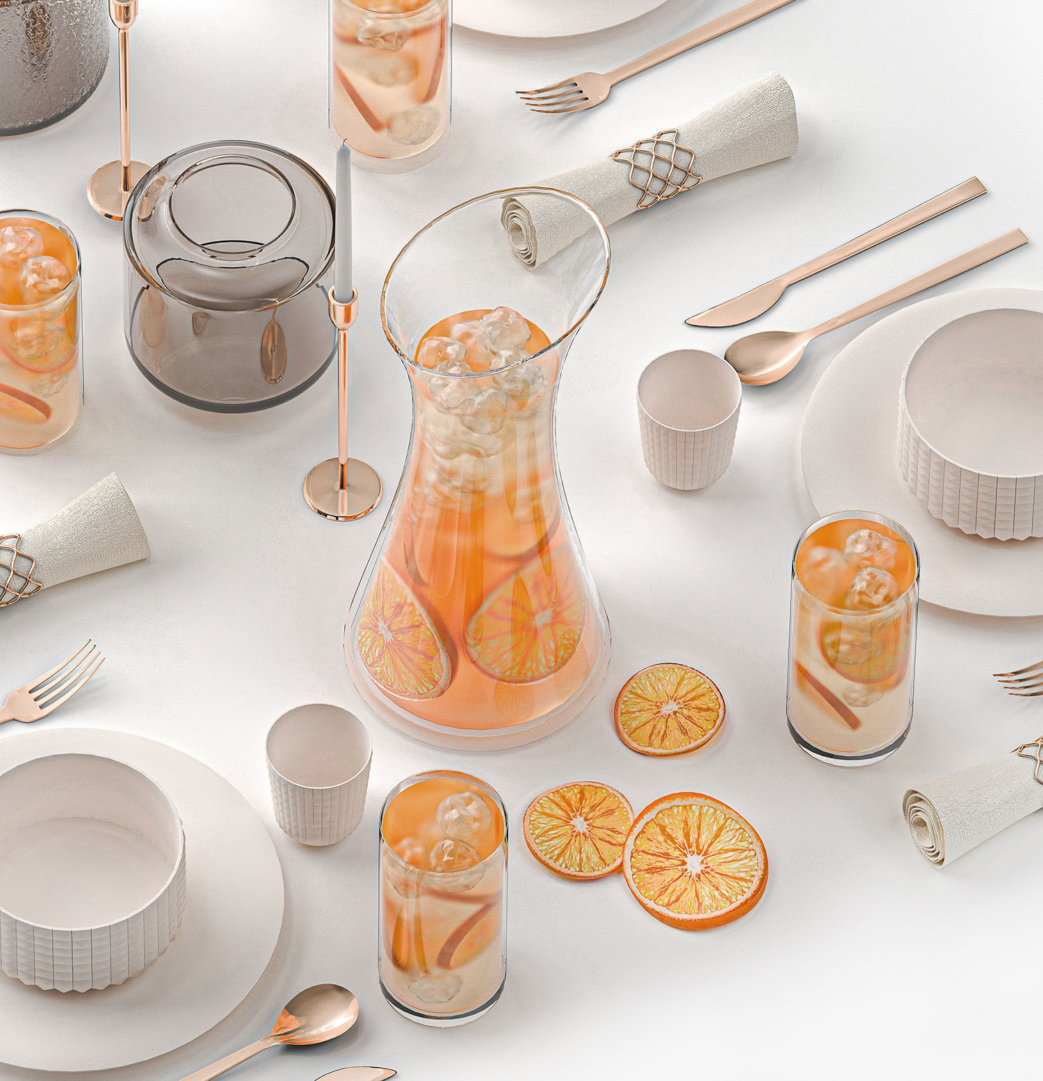 Stylish Table Setting For 4 Persons With Lemonade 3D model_2