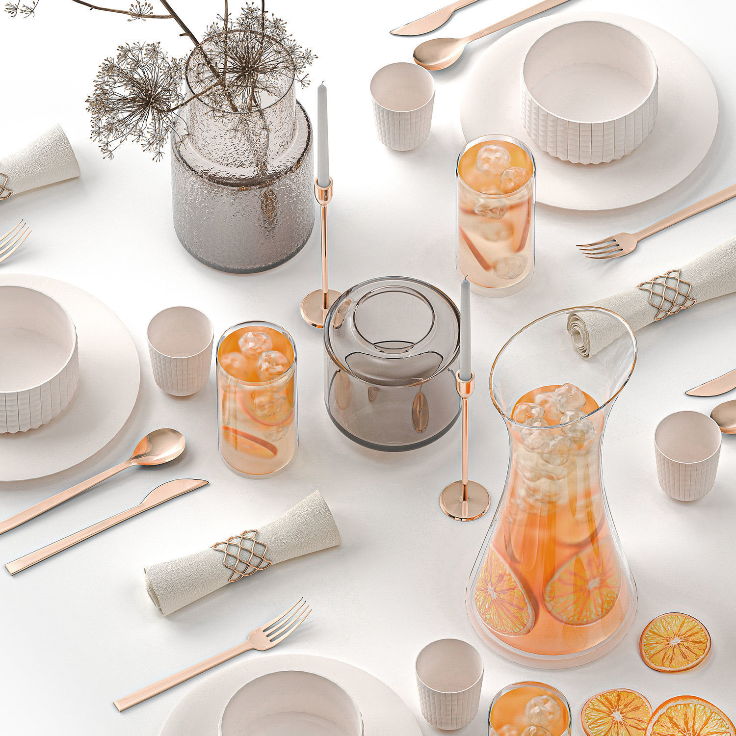 Stylish Table Setting For 4 Persons With Lemonade 3D model_4