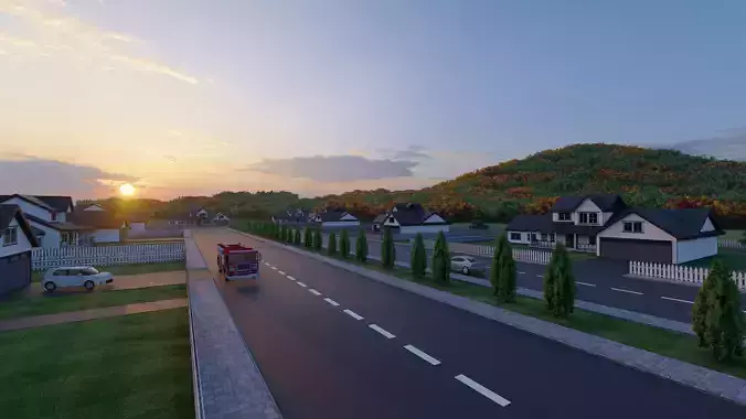 3D Neighborhood Model 8 street with houses and cars at sunset 3D model