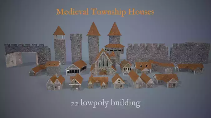 Lowpoly  Medieval Township Houses Low-poly 3D model