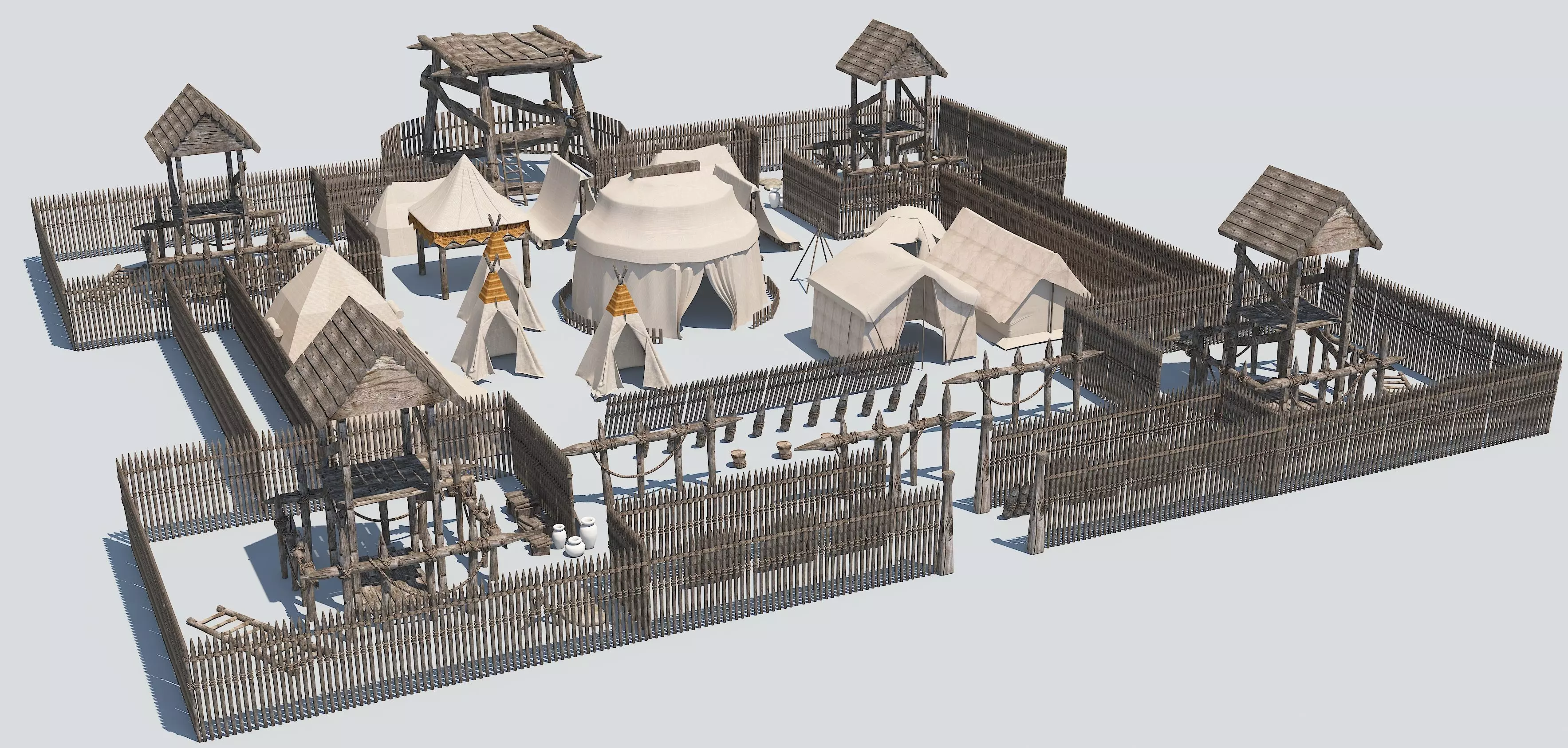 Set of medieval campaigns assets Low-poly 3D model_0