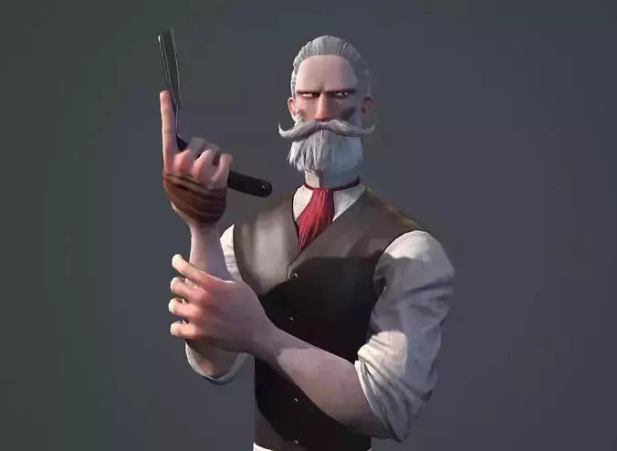 Barber character in apron holding gun