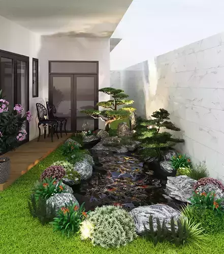 Aquarium garden with pond and plants