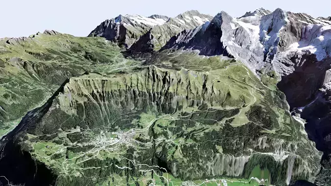 Mountain landscape and city Grindelwald Switzerland 3D model
