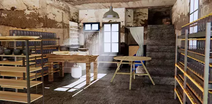 Workshop shop with shelves and tables