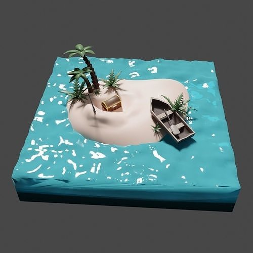 Islet island with palm trees and boat Low-poly 3D model
