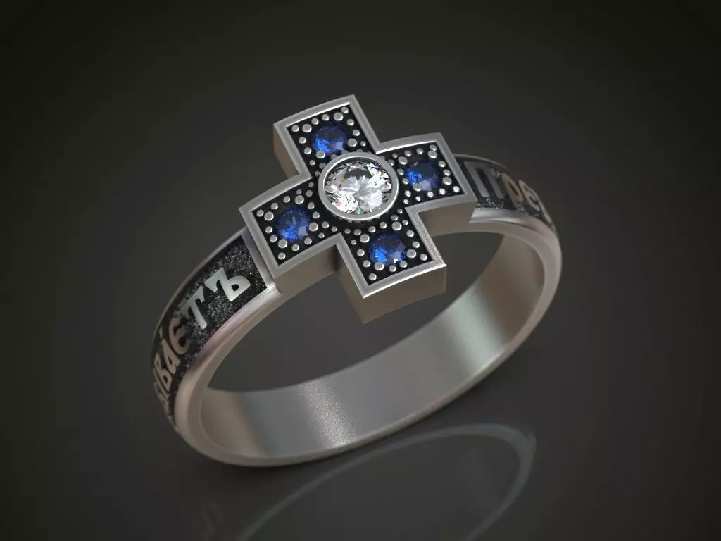 Ring orthodox prayer cross with gems 3D print model_0