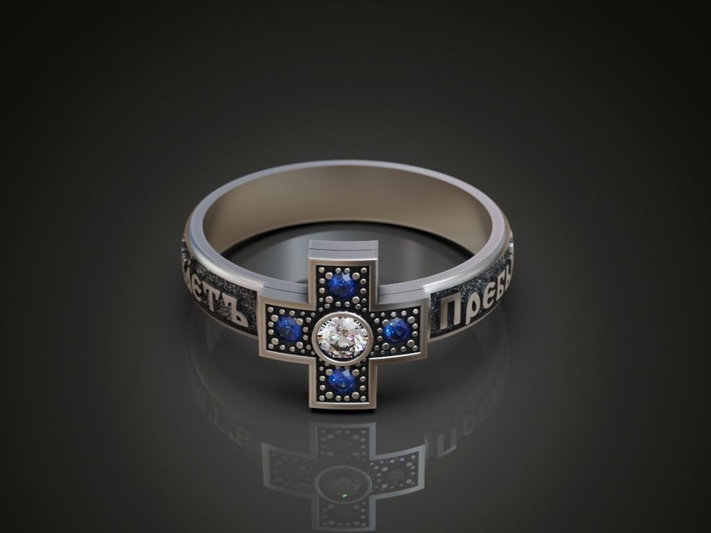 Ring orthodox prayer cross with gems 3D print model_1