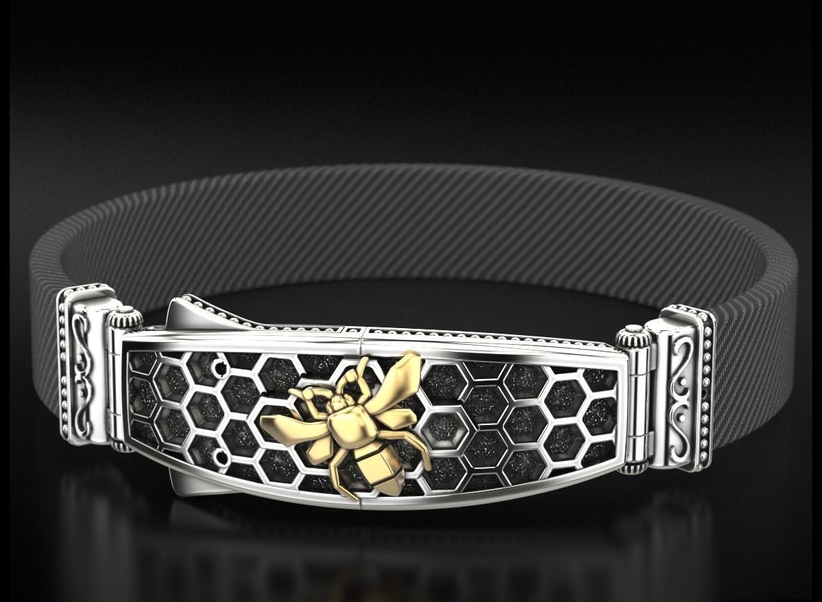 Exclusive mens bracelet with a bee and honeycombs 727 3D print model_2