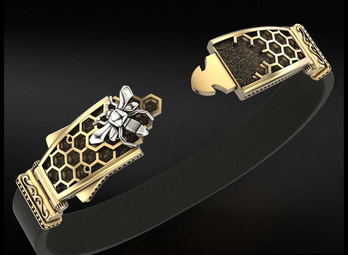 Exclusive mens bracelet with a bee and honeycombs 727 3D print model_8