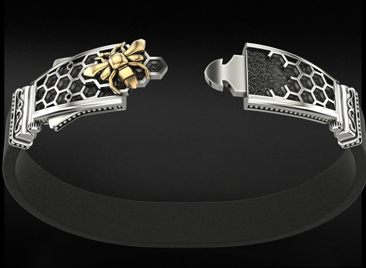Exclusive mens bracelet with a bee and honeycombs 727 3D print model_6