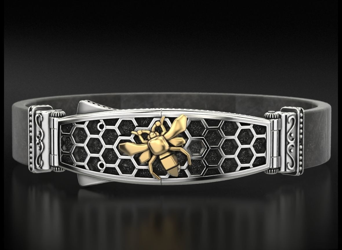Exclusive mens bracelet with a bee and honeycombs 727 3D print model_1