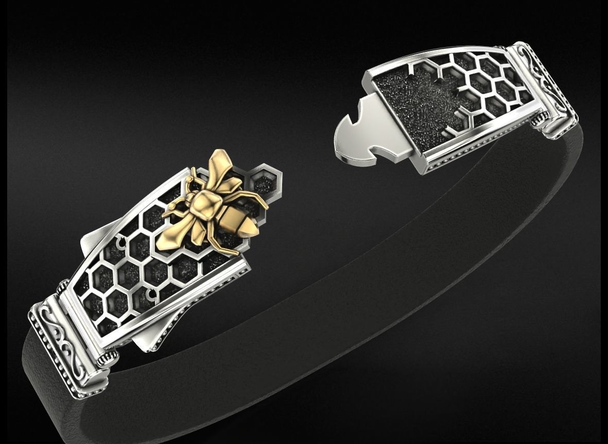 Exclusive mens bracelet with a bee and honeycombs 727 3D print model_7