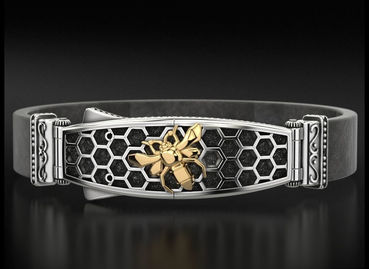 Exclusive mens bracelet with a bee and honeycombs 727 3D print model_3