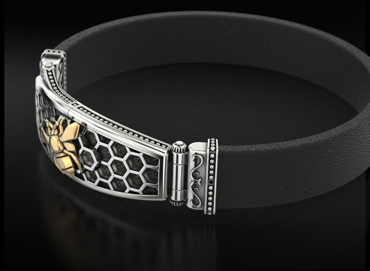 Exclusive mens bracelet with a bee and honeycombs 727 3D print model_4