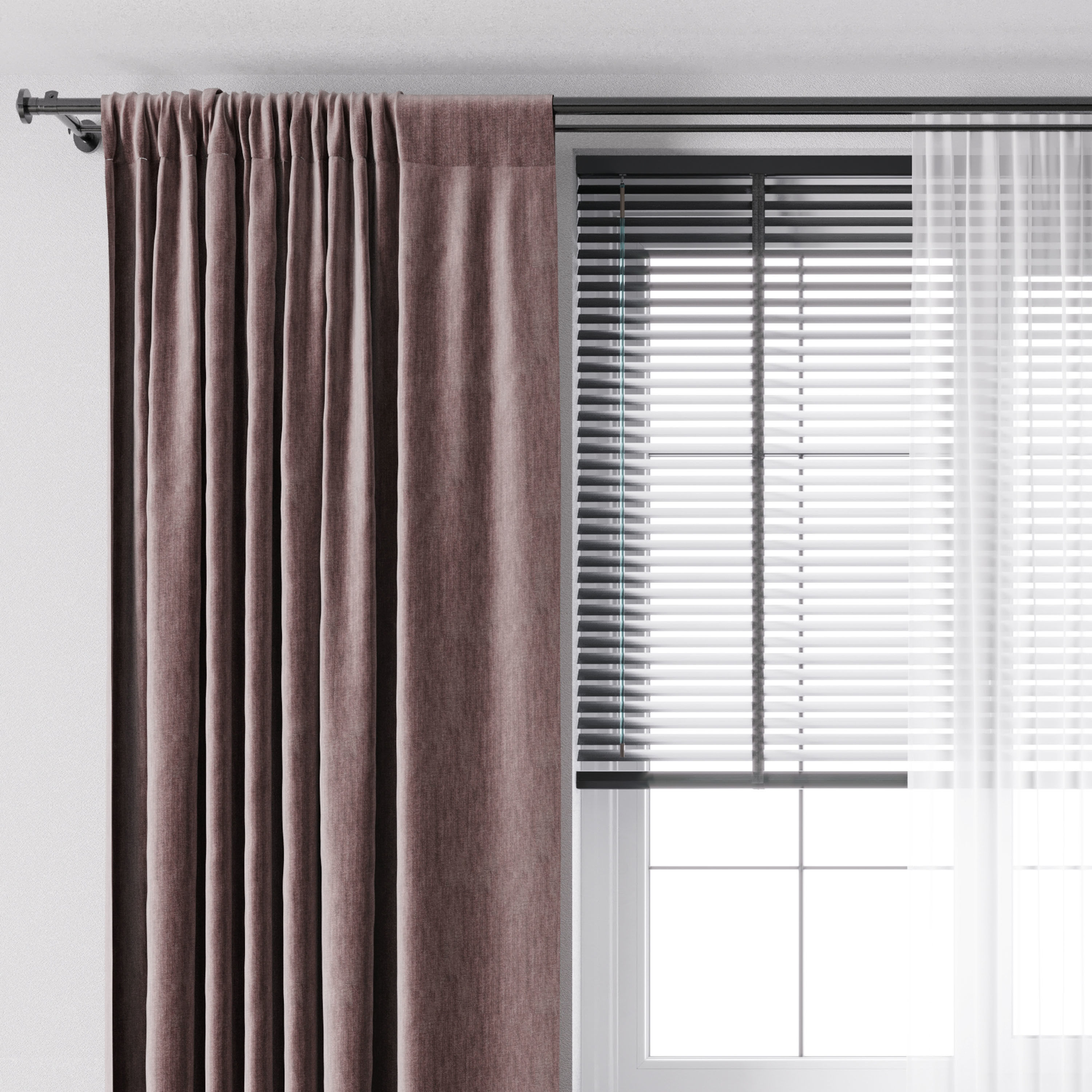 Red curtain with metal curtain rod and metal blind 09 Low-poly 3D model_1