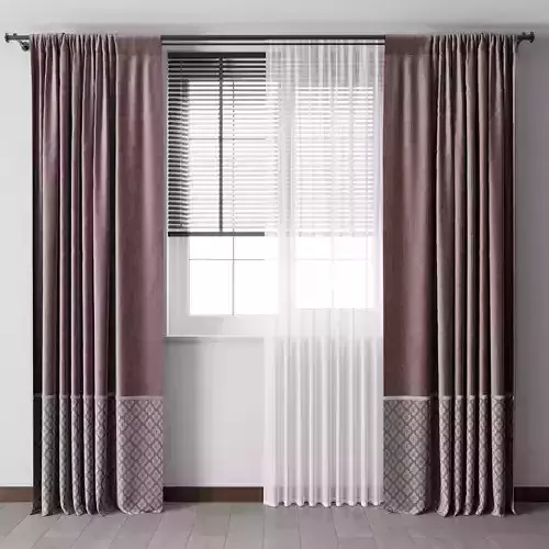 Red curtain with metal curtain rod and metal blind 09