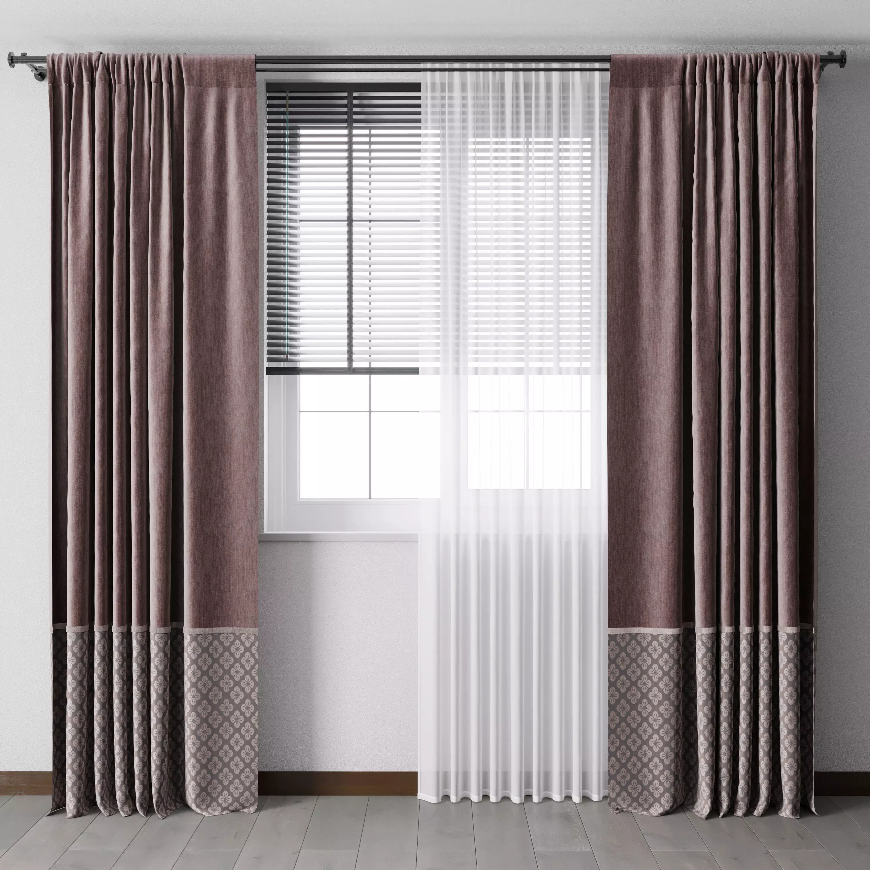 Red curtain with metal curtain rod and metal blind 09 Low-poly 3D model_0