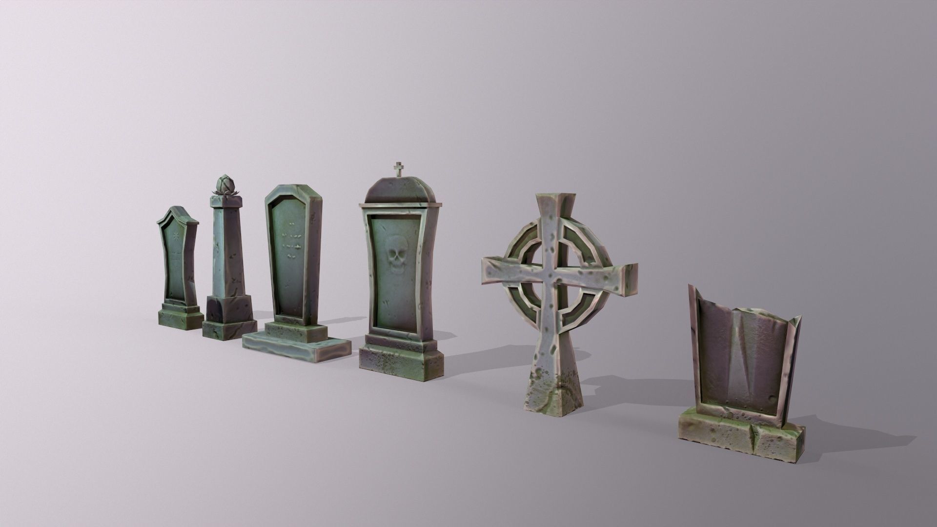 Stylized lowpoly fantasy graveyard headstones PBR asset Low-poly 3D model_4