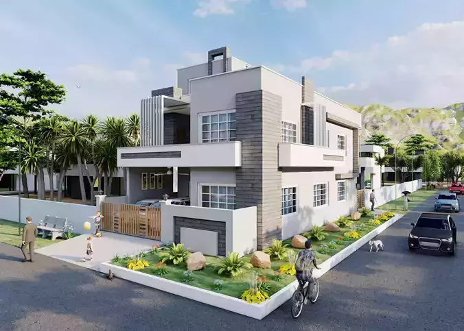 Beautiful House Design for Corner Plots  Low-poly 3D model