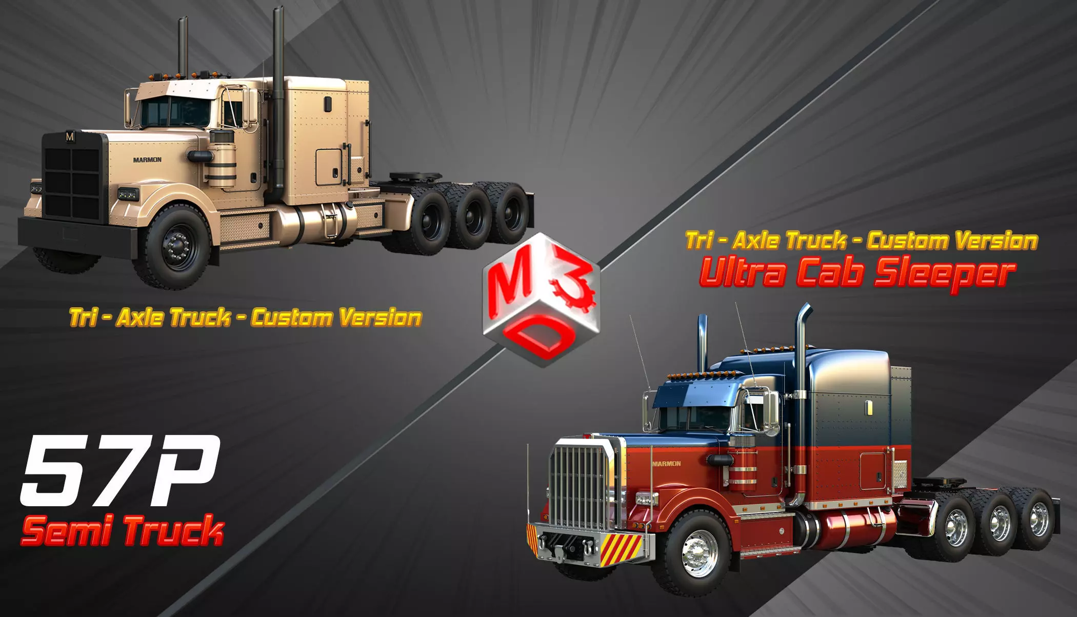 57P Semi Trucks - Heavy Haul Tri-Axle Trucks 2 in 1 3D Model Collection_0