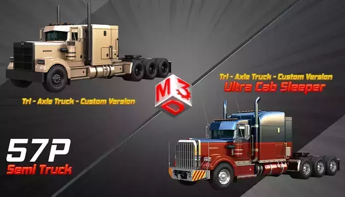 57P Semi Trucks - Heavy Haul Tri-Axle Trucks  2 in 1 3D Model Collection
