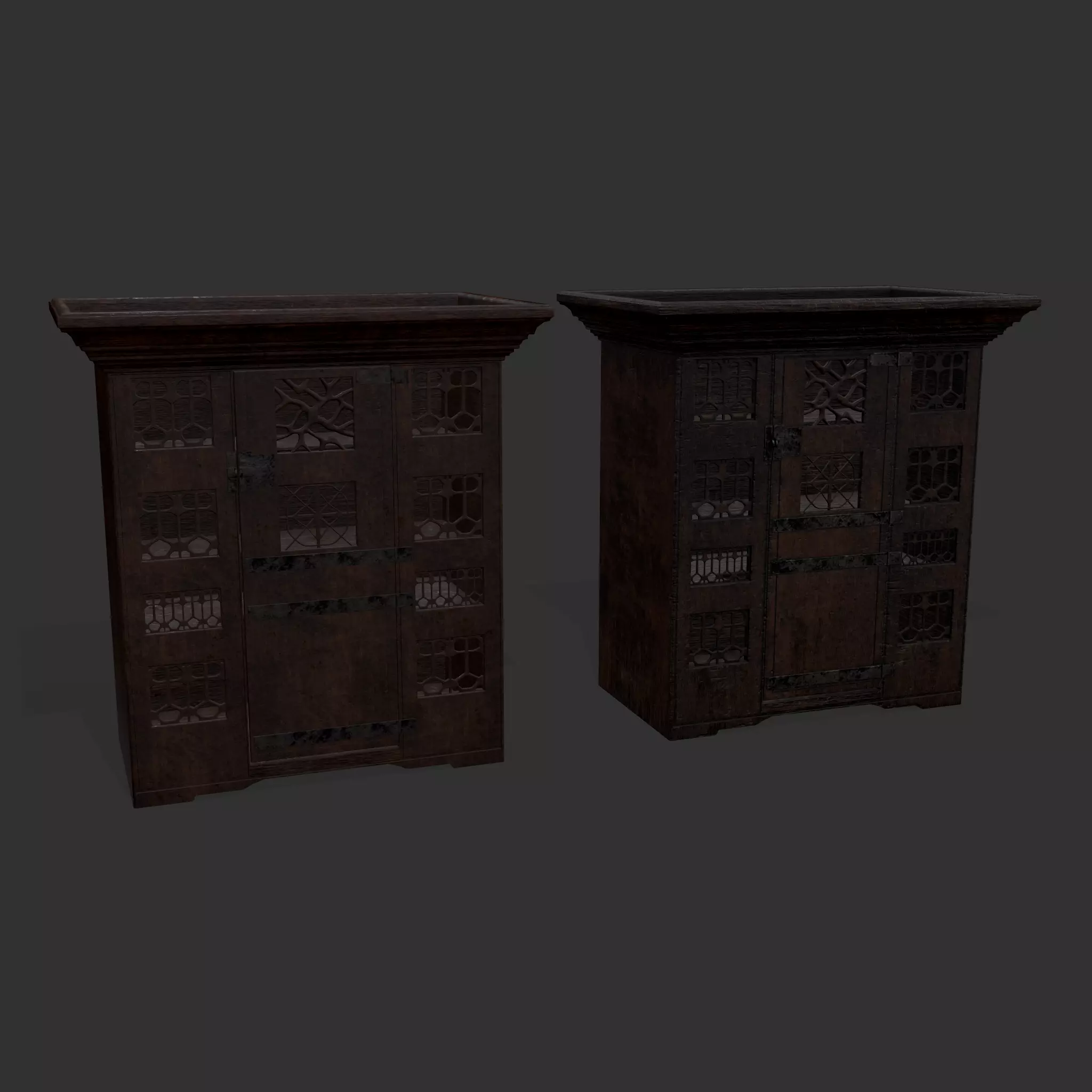Rustic Medieval Wooden Armoire Low-poly 3D model_0