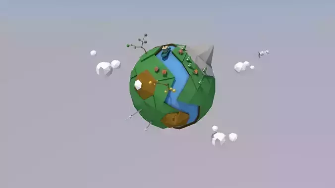 low-poly world planet with clouds in sky