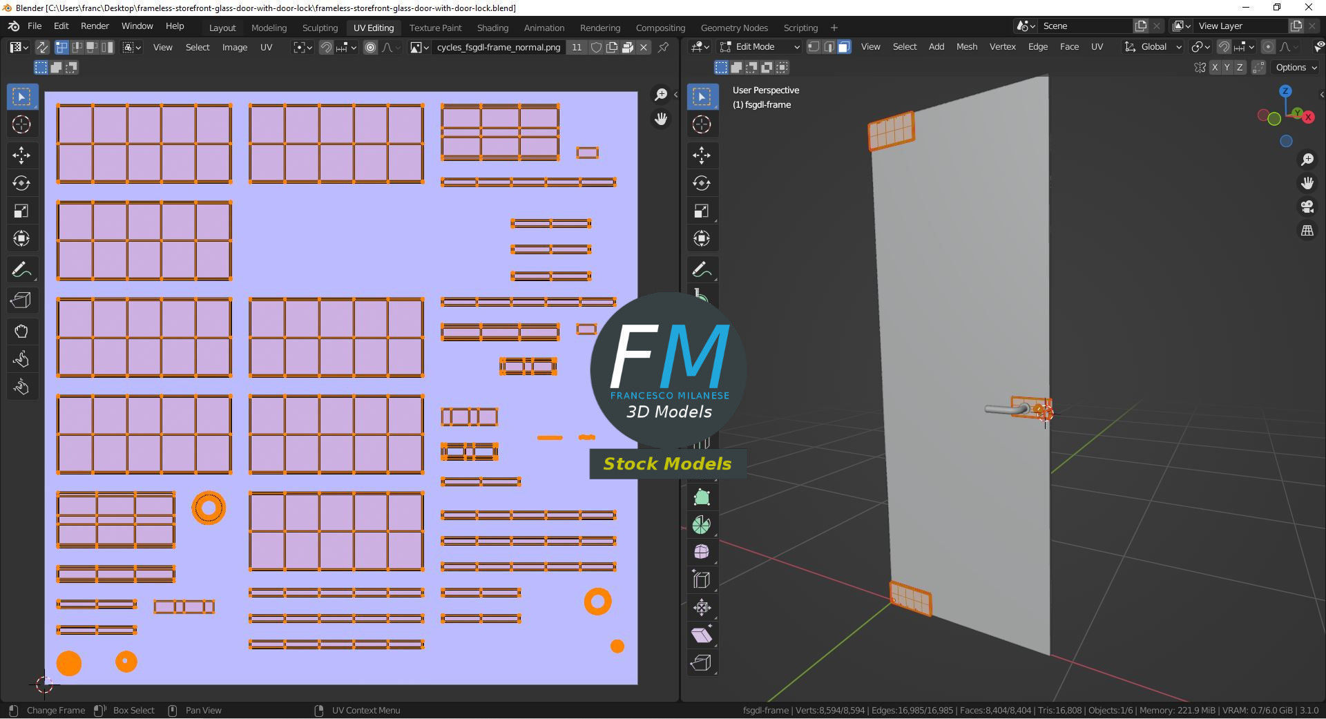 Frameless storefront glass door with door lock 3D model_10