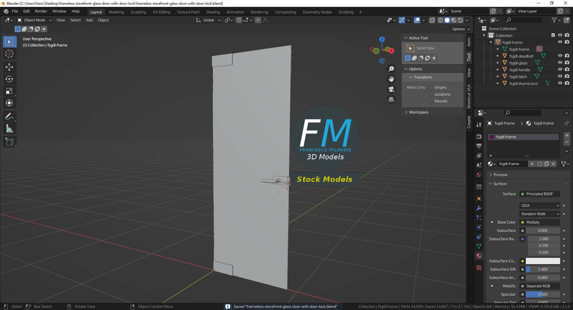 Frameless storefront glass door with door lock 3D model_9