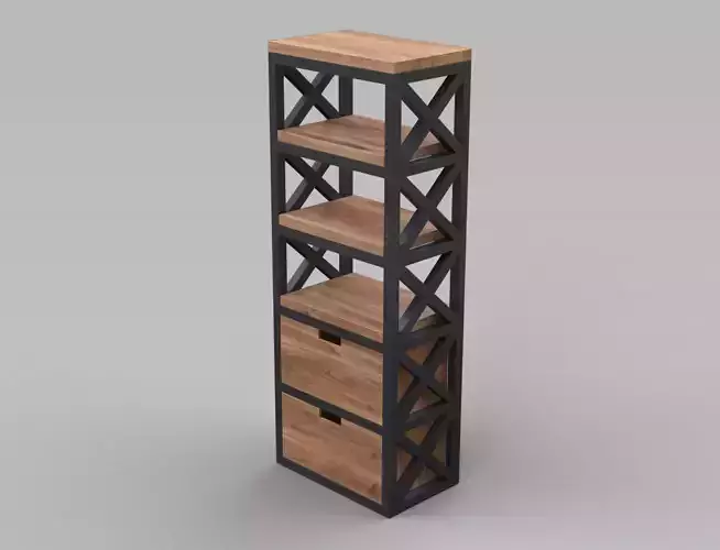 Stillage wooden and metal bookcase with drawers