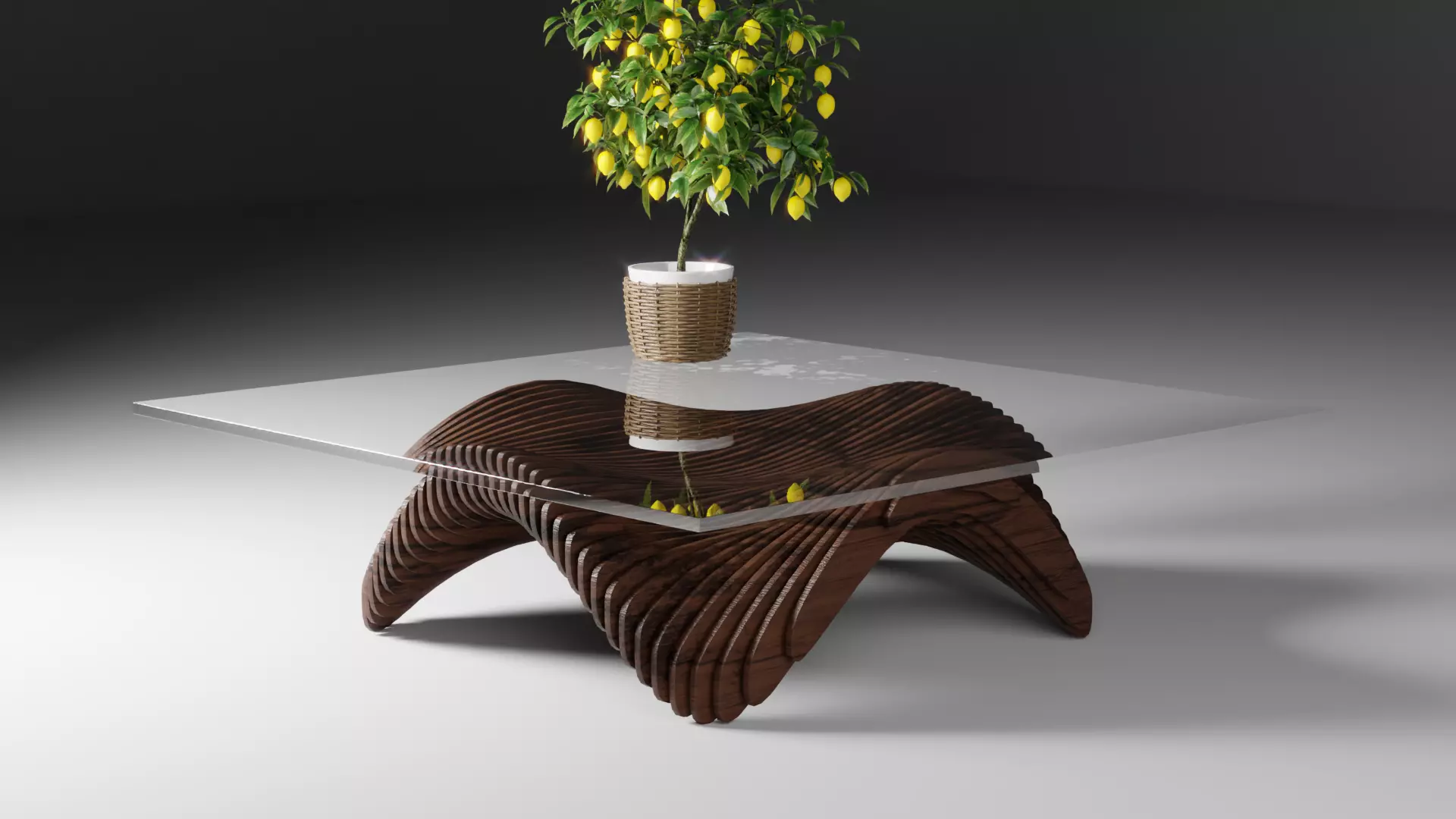 Table coffee with potted lemon tree Low-poly 3D model_0