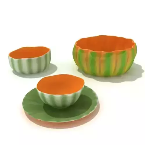 Melon Pattern Serving Bowl With Matching Plates And Soup Bowls