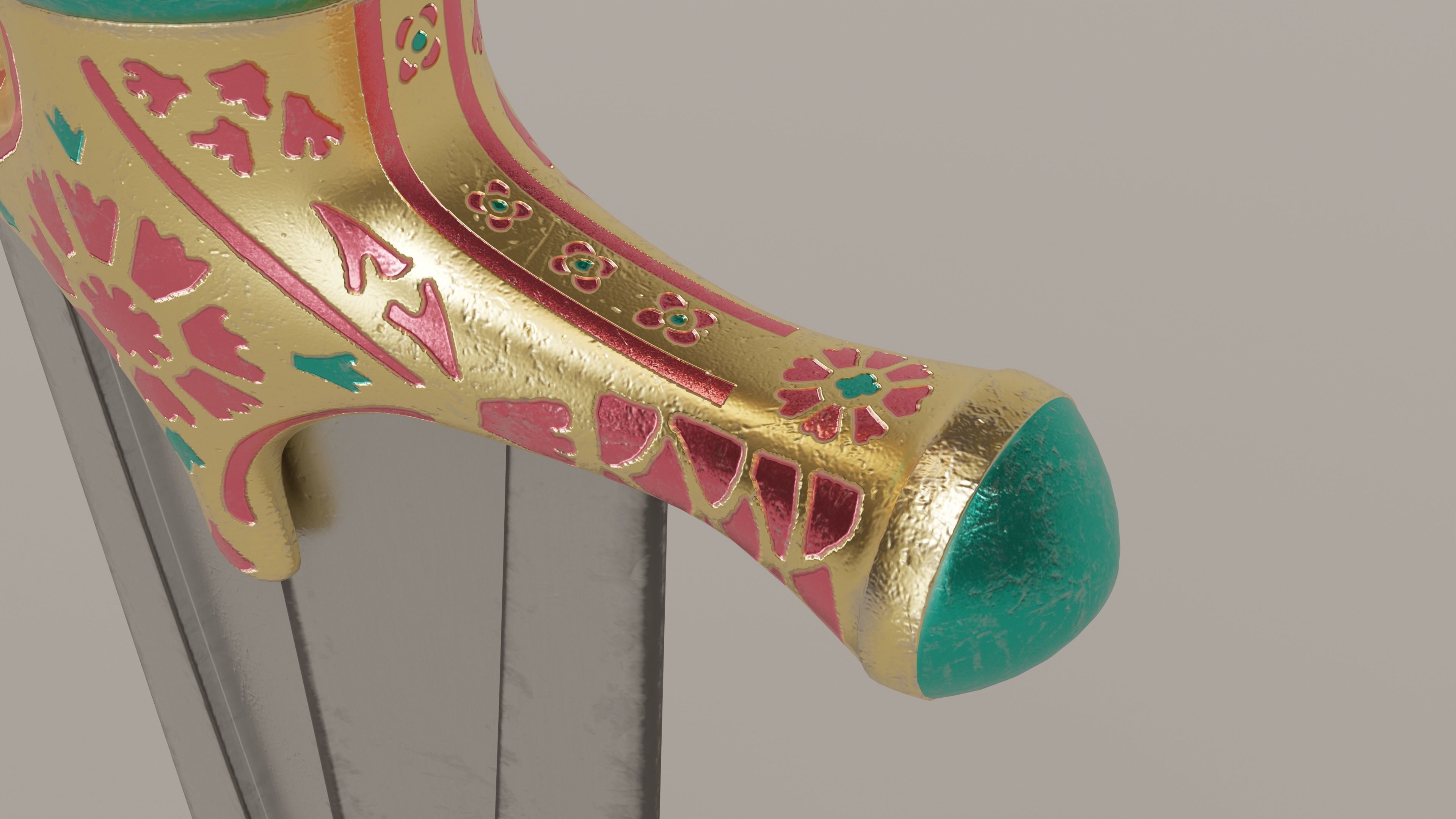 Oriental ceremonial dagger with golden handle and decorations Low-poly 3D model_3