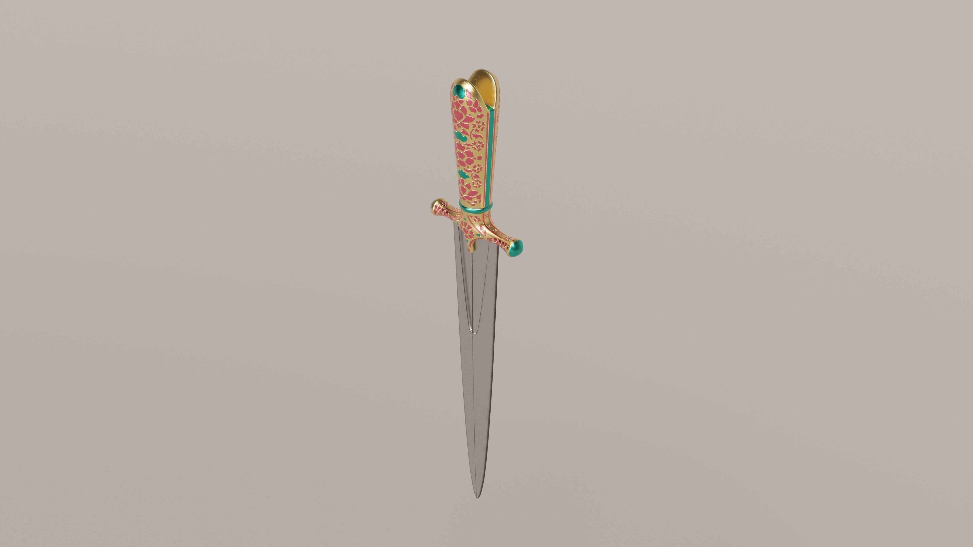 Oriental ceremonial dagger with golden handle and decorations Low-poly 3D model_7