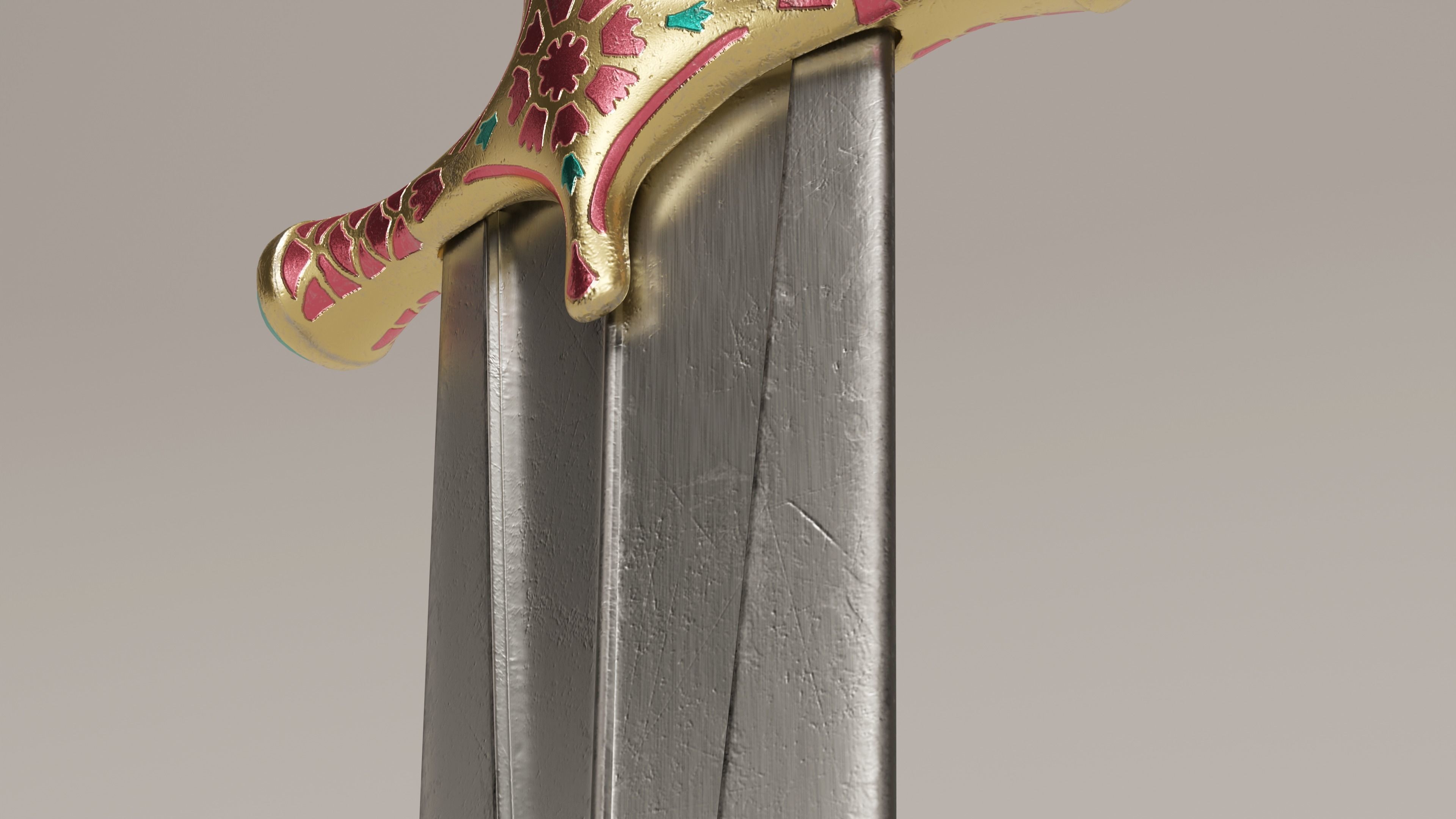 Oriental ceremonial dagger with golden handle and decorations Low-poly 3D model_2